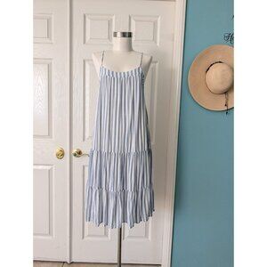 Women's Blue White Striped Strappy Sleeveless Tired Open Back Midi Dress Sz M